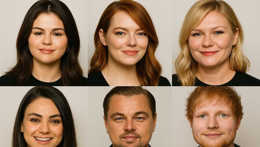 Collage of round-faced celebrities like Selena Gomez and Leonardo DiCaprio