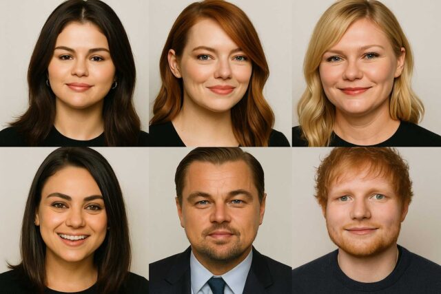 Celebrities with Round Faces – 10 Inspiring Stars Collage of round-faced celebrities like Selena Gomez and Leonardo DiCaprio