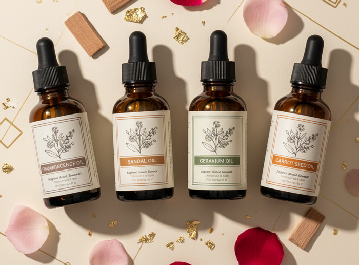 Frankincense, sandalwood, geranium, and carrot seed essential oil bottles