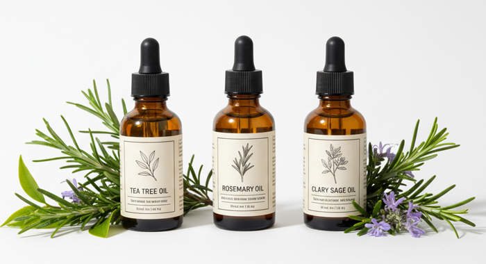 tea tree oil, rosemary oil, and clary sage essential oils