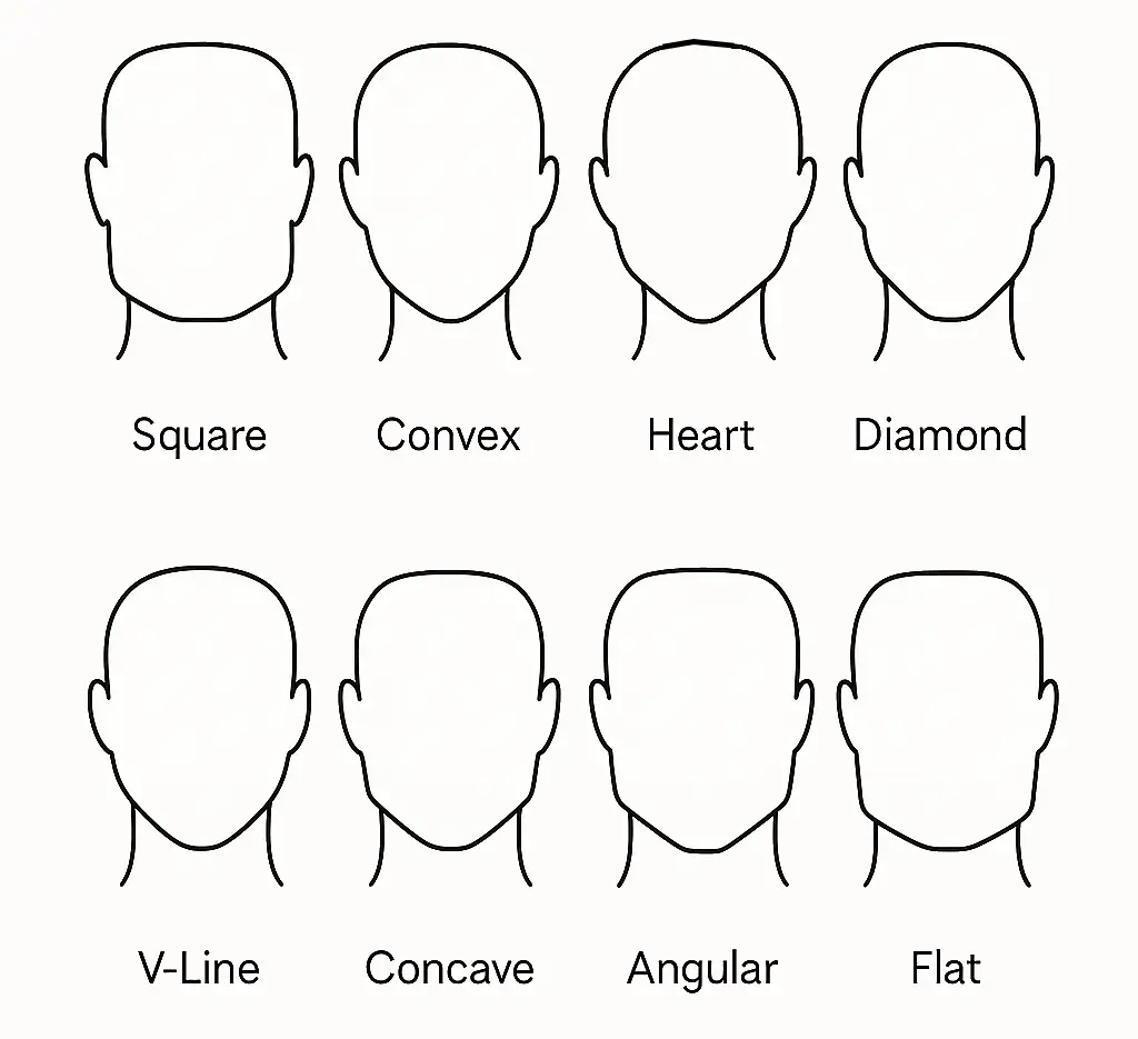 Chart showing 8 different types of jawlines including square, round, heart, and diamond shapes.