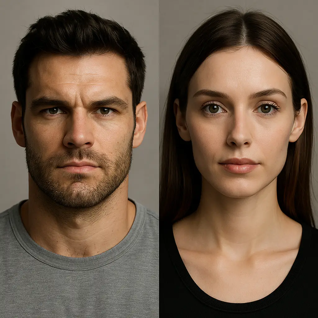 Comparison of male square jawline and female V-line jawline structure.