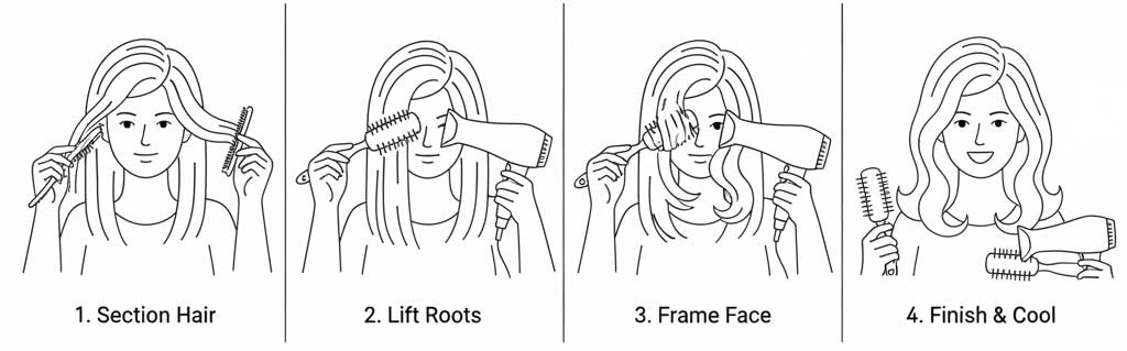 A 4-step illustration showing how to blow-dry hair with a round brush to create volume at the crown for a round face shape