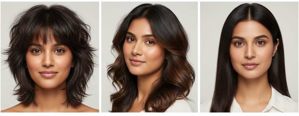 Three Indian women with round faces illustrating different hair textures—thick, wavy, and fine—each with a suitable haircut