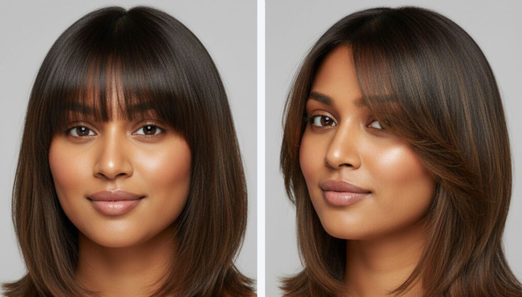 indian-woman-round-face-lob-haircut An Indian woman with a round face and a flattering shoulder-length lob haircut with side-swept bangs, smiling warmly.