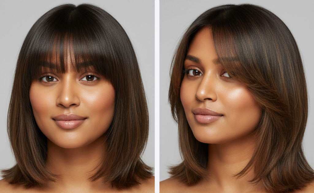An Indian woman with a round face and a flattering shoulder-length lob haircut with side-swept bangs, smiling warmly.