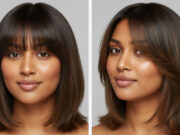 Best Haircuts for Round Faces: Indian Women’s Guide 2025 An Indian woman with a round face and a flattering shoulder-length lob haircut with side-swept bangs, smiling warmly.
