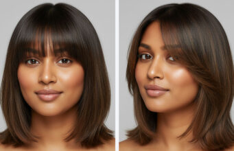 Best Haircuts for Round Faces: Indian Women’s Guide 2025 An Indian woman with a round face and a flattering shoulder-length lob haircut with side-swept bangs, smiling warmly.