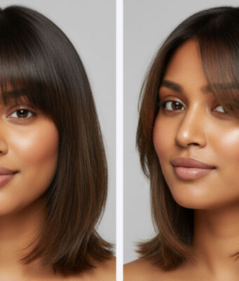 Best Haircuts for Round Faces: Indian Women’s Guide 2025 An Indian woman with a round face and a flattering shoulder-length lob haircut with side-swept bangs, smiling warmly.