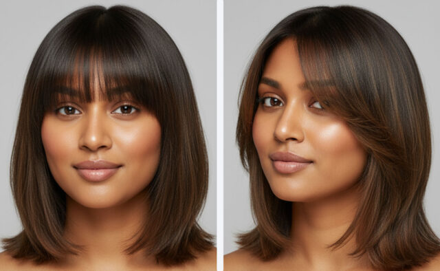 Best Haircuts for Round Faces: Indian Women’s Guide 2025 An Indian woman with a round face and a flattering shoulder-length lob haircut with side-swept bangs, smiling warmly.