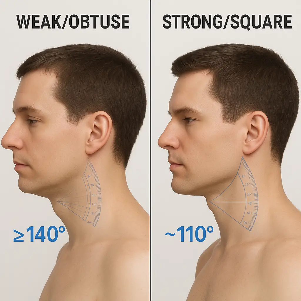 Diagram comparing an obtuse angle jawline with a sharp 90-degree jawline side profile.