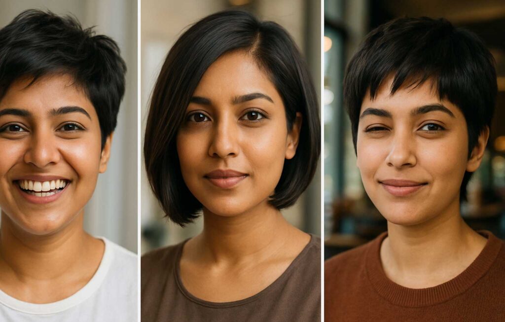 Collage of flattering short haircuts for round faces, featuring an Indian woman with a textured pixie cut and another with an asymmetrical bob.