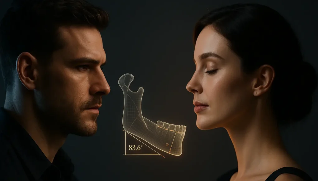 Montage showing diverse male and female jawline shapes with geometric measurement overlays