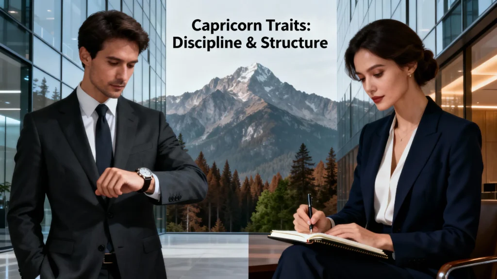 Comparison of Capricorn male and female traits showing discipline and organizational skills.