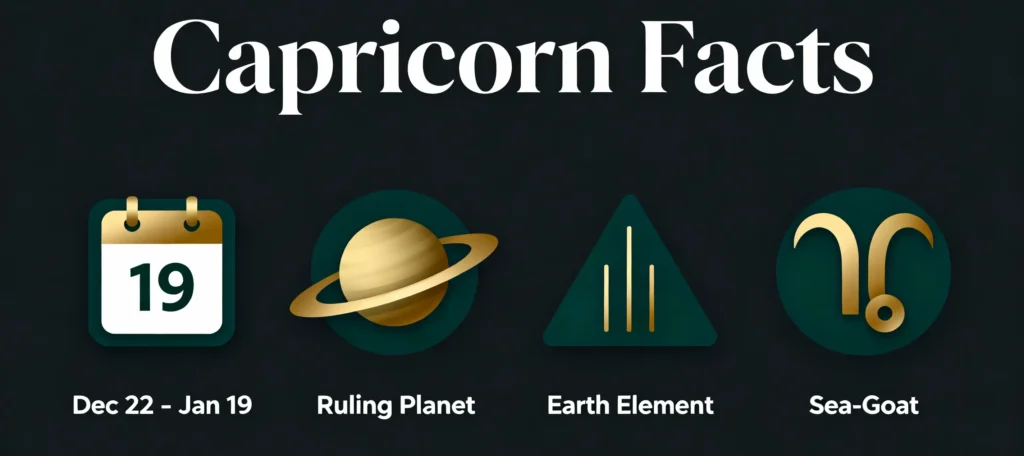 Infographic showing Capricorn dates December 22 to January 19, ruling planet Saturn, and Earth element.