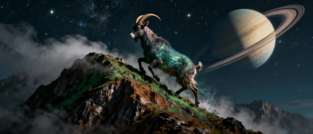 Capricorn sea-goat symbol climbing a mountain under Saturn, representing ambition and earth element.