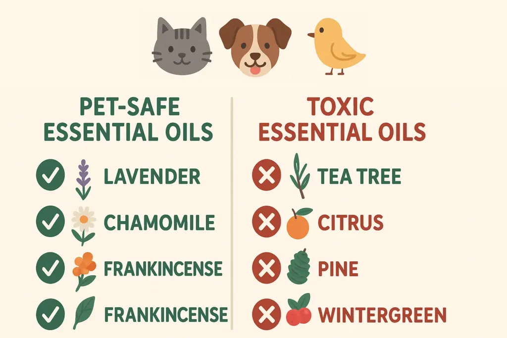 Pet-safe essential oils vs toxic oils for dogs, cats, and birds with safety guidelines