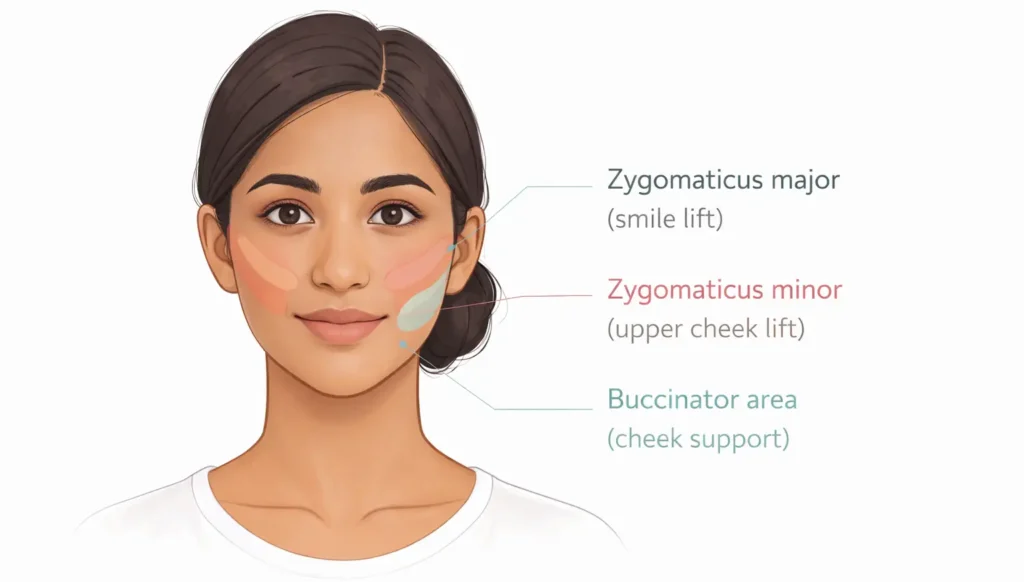 Facial muscles activated during face yoga for chubby and sagging cheeks