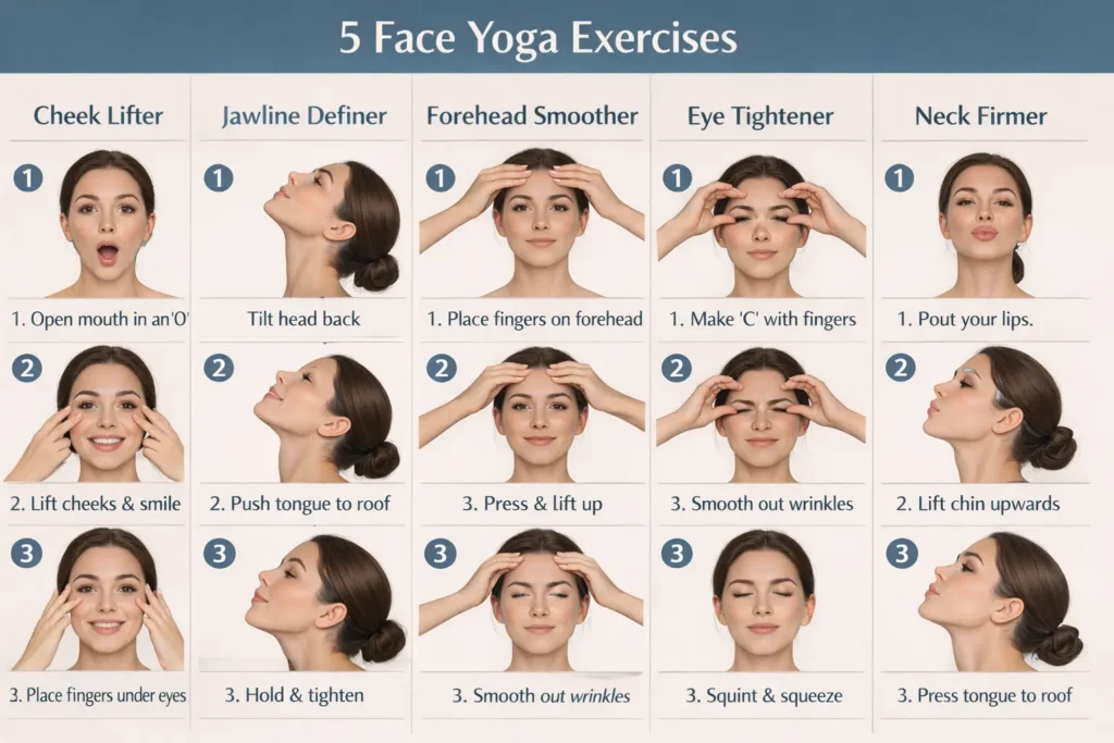 step by step face yoga for wrinkles exercises with instructions