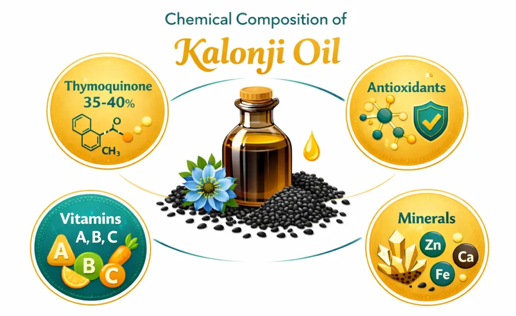 Infographic showing thymoquinone and key compounds in kalonji oil