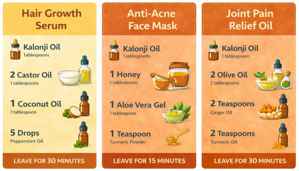 Three homemade recipes using kalonji oil for hair growth, acne treatment, and pain relief