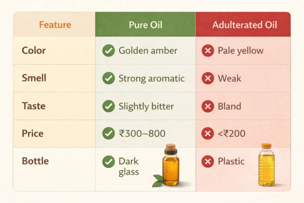 Comparison chart showing pure versus adulterated kalonji oil characteristics