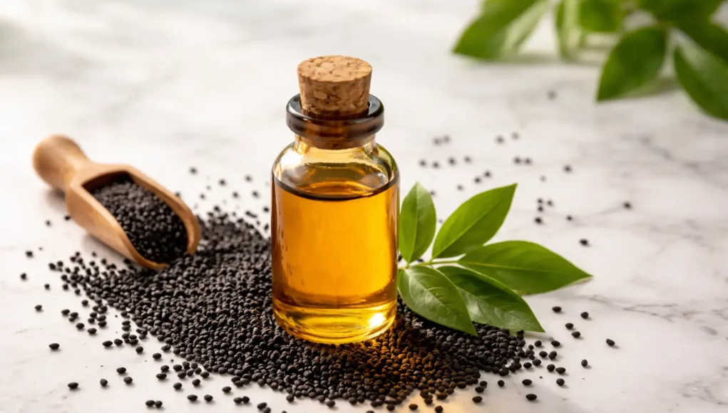 Kalonji oil bottle with black seeds showing natural health benefits