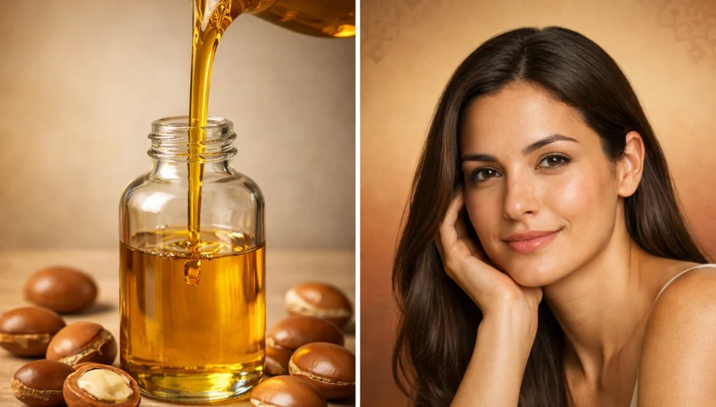Argan oil benefits for skin and hair - complete guide with golden oil and natural ingredients