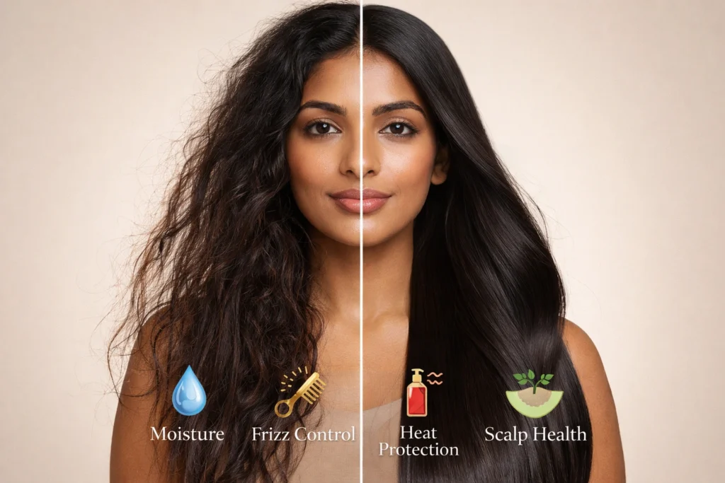 Argan oil benefits for hair showing transformation from damaged to healthy shiny hair