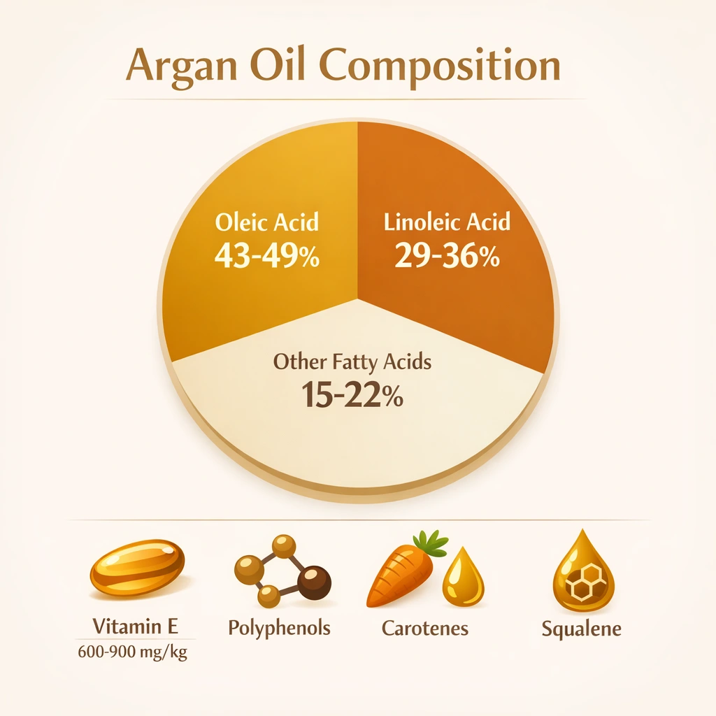 Argan oil nutritional composition showing fatty acids and vitamin E content