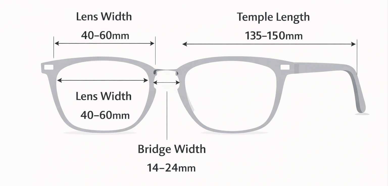 Frame size guide for oval faces showing lens, bridge, and temple measurements