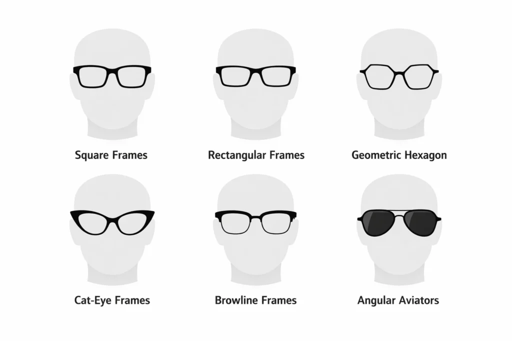 Six types of angular glasses frames perfect for round face shapes including square rectangular geometric cat-eye browline and angular styles