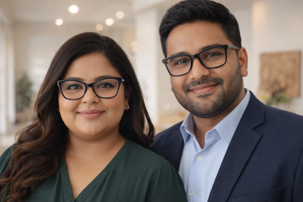 Indian man and woman with round faces wearing best angular eyeglass frames - square and cat-eye styles for flattering fit