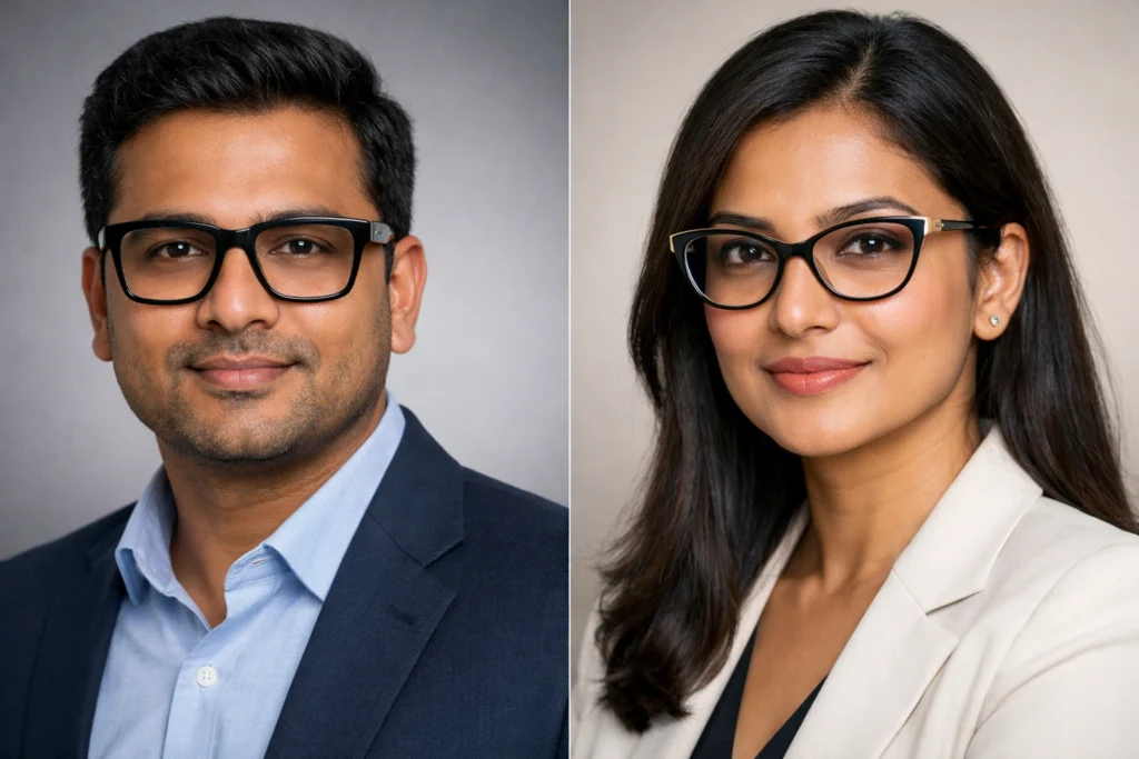 Indian man and woman with round faces wearing best flattering eyeglass frames - square frames for men and cat-eye frames for women