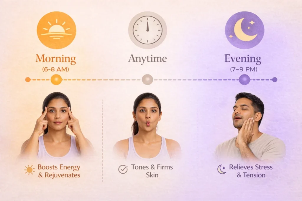 Daily face yoga practice schedule showing optimal morning and evening times with benefits for each practice session