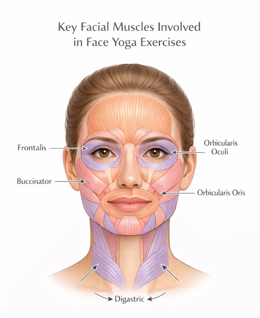 Anatomical diagram showing 57 facial muscles targeted by face yoga exercises including forehead cheek jaw and neck muscles
