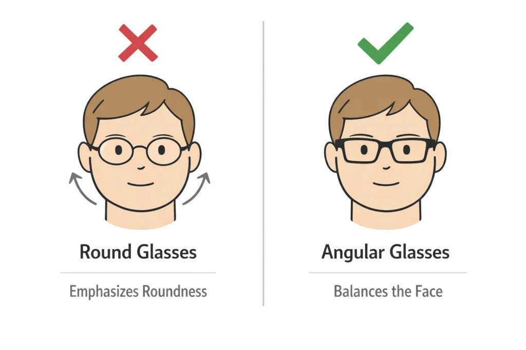 Comparison showing round glasses to avoid versus angular square glasses best for round face shapes