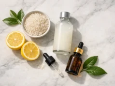 Rice Water Toner: DIY Recipe, Benefits & Best Products for Indian Skin (2026) Glass bottle of homemade rice water toner with rice grains and natural ingredients on marble surface