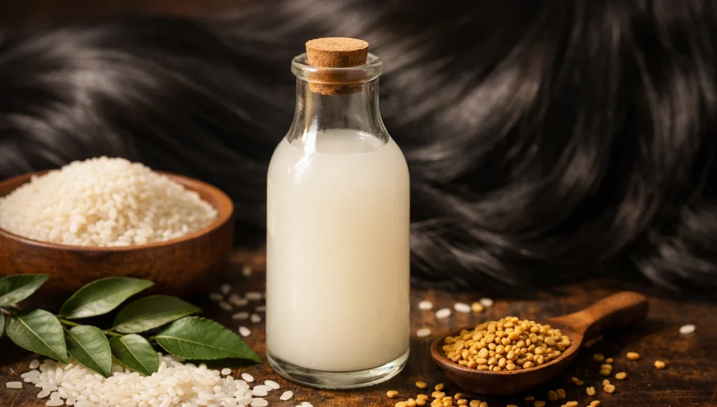 Glass bottle of homemade rice water for hair surrounded by rice grains and natural Indian hair care ingredients