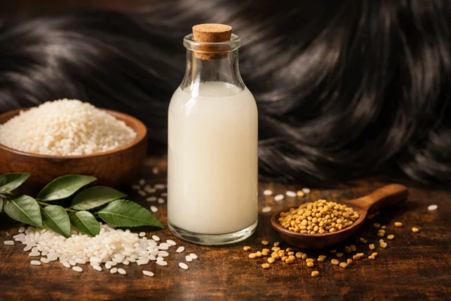 Rice Water for Hair: Benefits, DIY Recipes & How to Use It Glass bottle of homemade rice water for hair surrounded by rice grains and natural Indian hair care ingredients