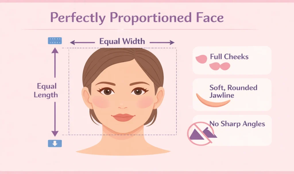 Diagram showing how to identify round face shape with equal width and length measurements and soft jawline