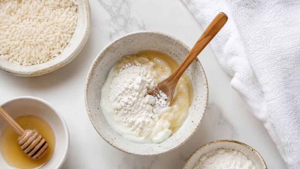 Rice face mask ingredients in a bowl with honey, yoghurt, and rice flour
