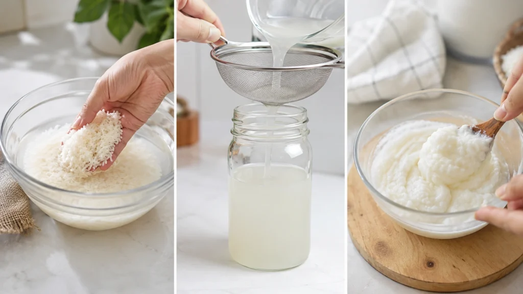 Steps to soak rice, collect rice water, and mash rice for a face mask