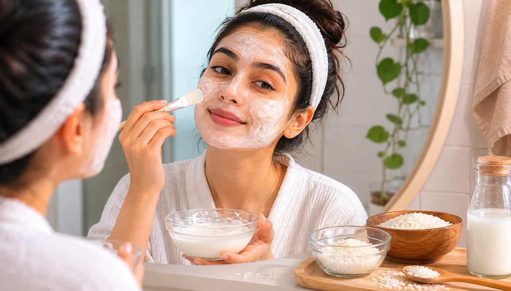 Woman applying homemade Korean rice face mask with a brush