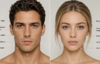 Masculine Face vs Feminine Face : The Complete Guide to Facial Features Side-by-side diagram comparing masculine facial features vs feminine facial features including jaw, brow ridge, and cheekbones