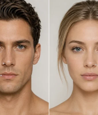 Masculine Face vs Feminine Face : The Complete Guide to Facial Features Side-by-side diagram comparing masculine facial features vs feminine facial features including jaw, brow ridge, and cheekbones