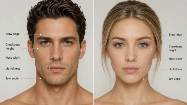 Masculine Face vs Feminine Face : The Complete Guide to Facial Features Side-by-side diagram comparing masculine facial features vs feminine facial features including jaw, brow ridge, and cheekbones