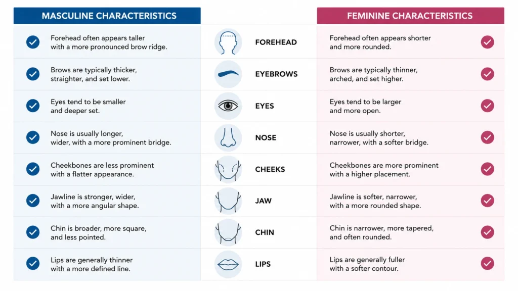 Infographic checklist comparing masculine and feminine facial features across forehead, jaw, nose, lips, and eyes