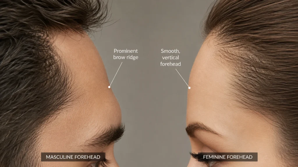 Illustration comparing masculine forehead with prominent brow ridge vs feminine forehead with smooth vertical profile
