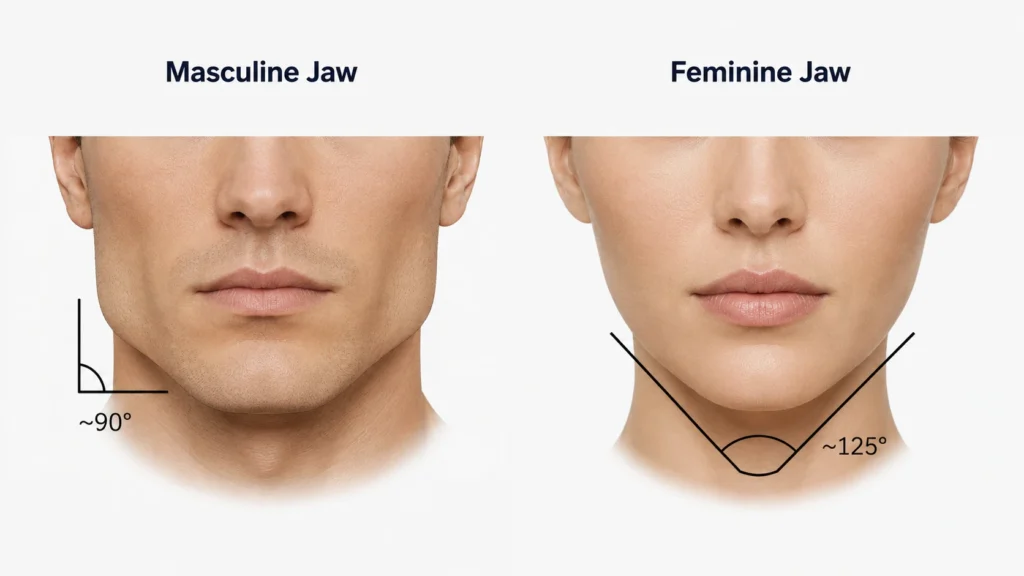 Diagram comparing masculine square jaw with 90-degree angle vs feminine tapered V-shaped jaw with wider angle